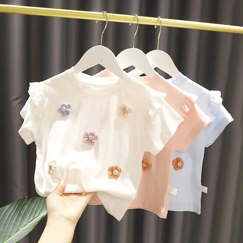 Summer Girls T-shirt New Children’s Baby Cute Lace Short-sleeved Top Little Girl Cotton Bottoming Shirt