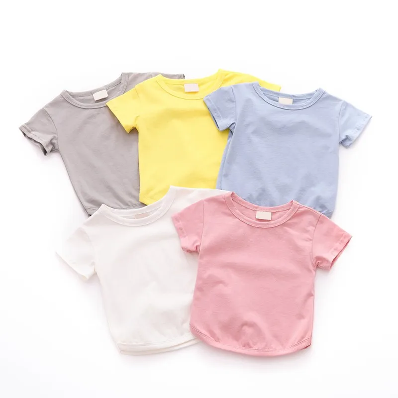 Summer Kids Baby T-shirt Fashion Solid Girls Short Sleeve Cotton Boys Tops Korean Casual Toddler Children Clothes 0-2Y