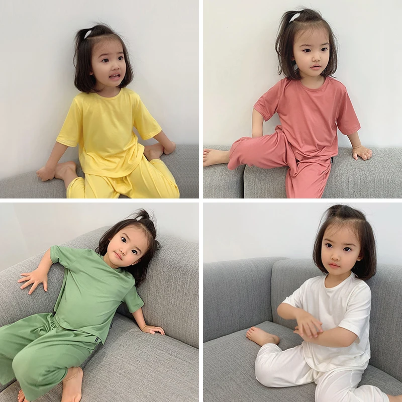 Summer Kids Home Clothes Solid Color Baby Girls Pajamas Set Toddler Seven-sleeved Outfits Children’s Pajamas Casual Kids Outfits