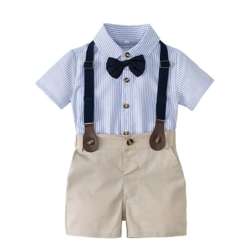 Summer Romper Clothes Set For Baby Boy With Bow Hat Gentleman Striped Suit Boys Children’s Shirt Short Sleeve Shorts 2 Piece