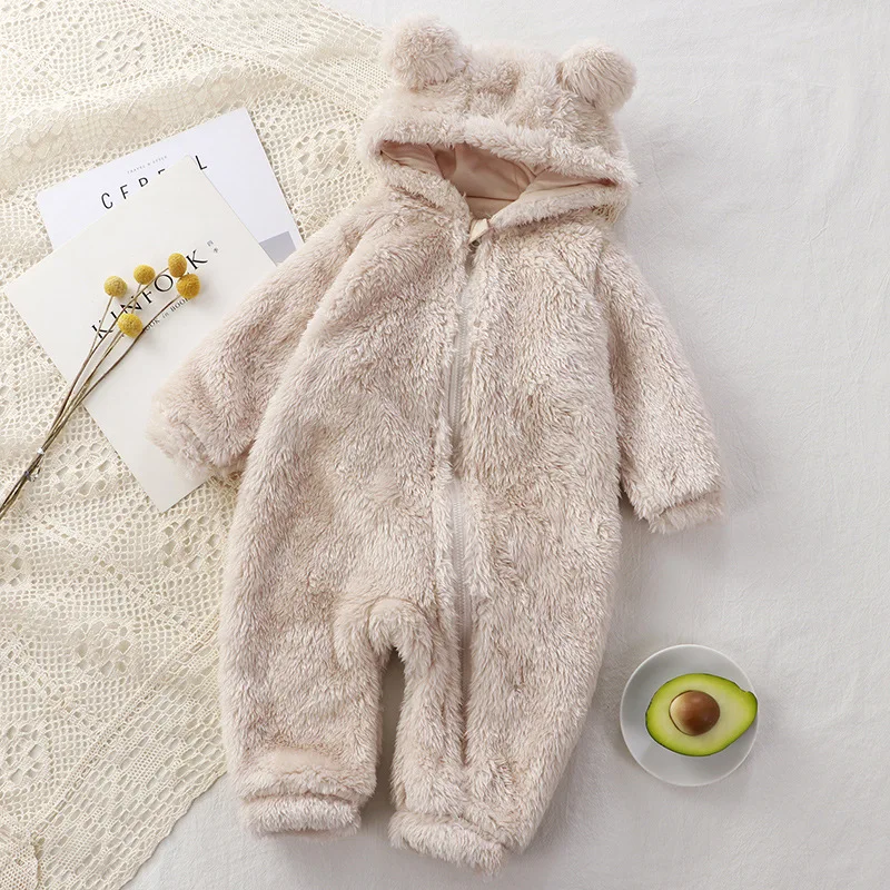 Thick Warm Baby Cute Winter Infant Jumpsuits Hooded Coral Fleece Bear Shape Newborn Soft Pajamas Overalls Clothing