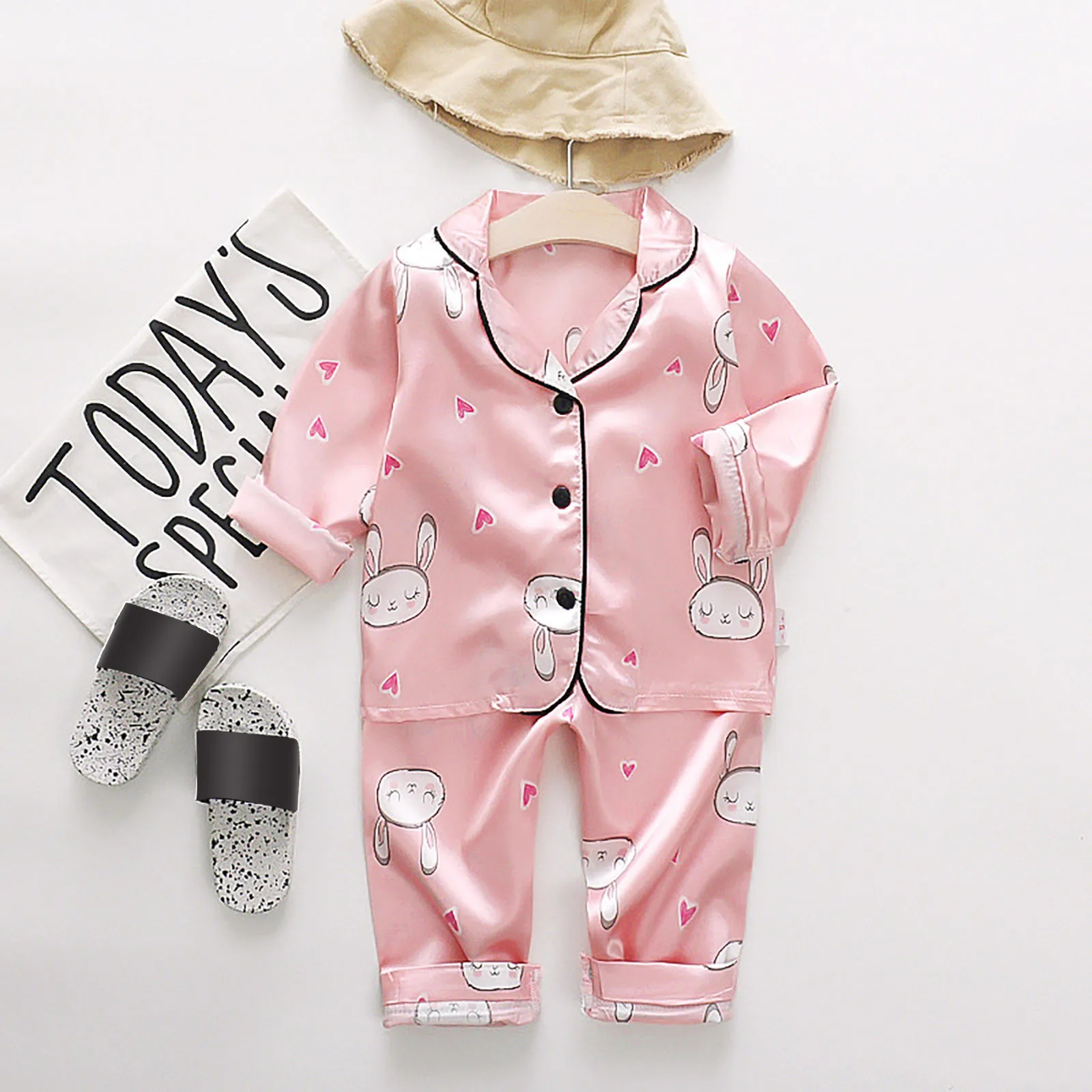 Toddler Kids Baby Boys Girls Satin Cartoon Button Down Shirt Tops + Long Pants Silk Pajamas Sleepwear Outfits Fleece Sleepers
