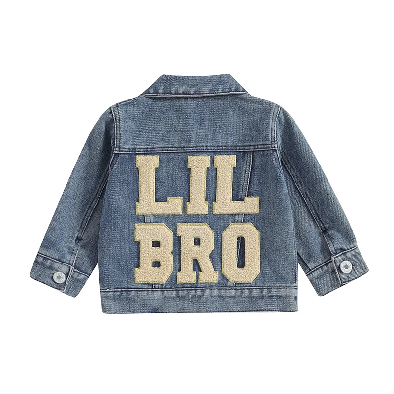 Toddler Newborn Baby Boy Denim Jacket Embroidery Lil Big Bro Button Down Jeans Coat Outerwear Brother Matching Clothes