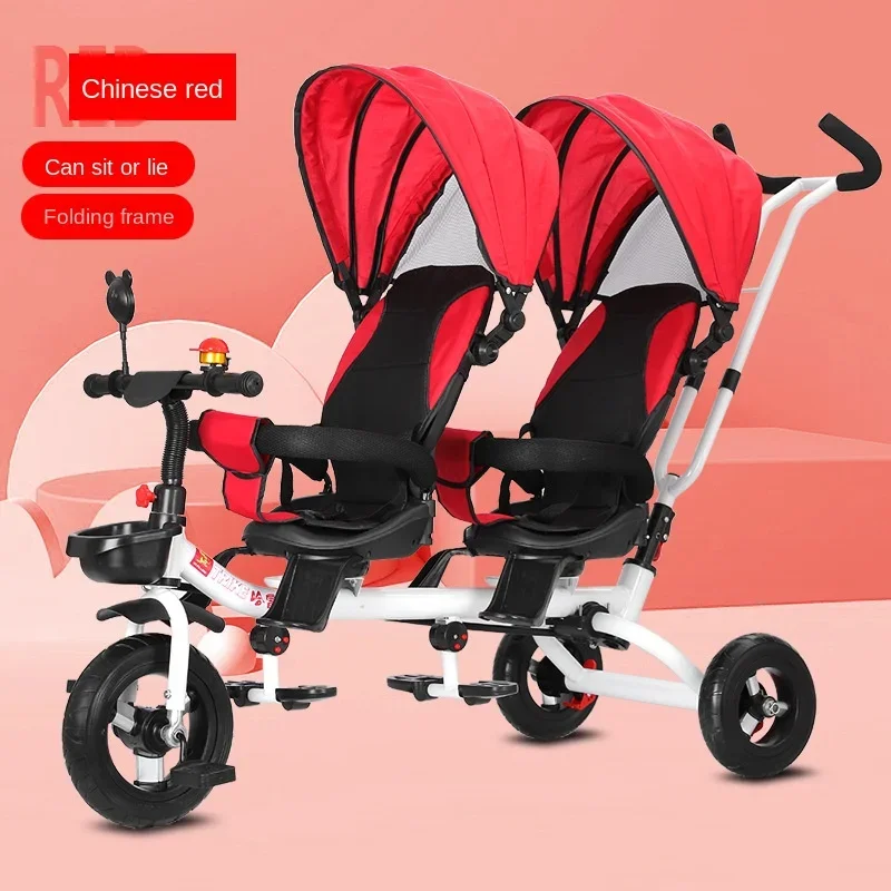 Twins Stroller Children Steerable Pedal Car Reclining and Sitting Travel Stroller Thickened Cushion Three-wheeled Baby Stroller