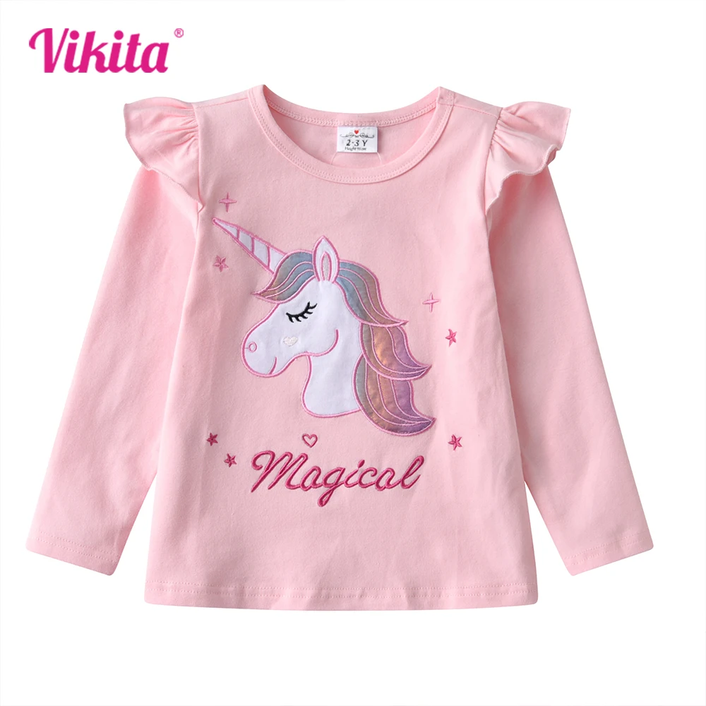 VIKITA Kids Flare Sleeve T Shirts Girls Licorne Cartoon Tops and Tees Kids Cotton Casual Long Sleeve Autumn Spring T Shirts