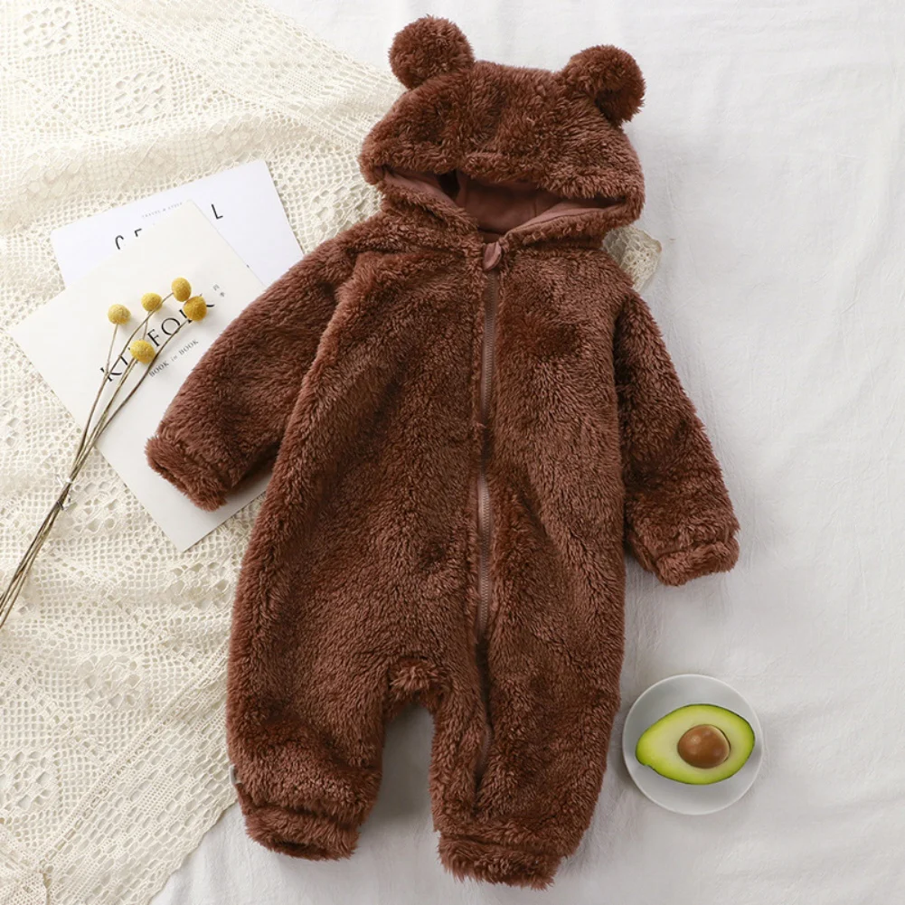 Winter Baby Rompers Girls Solid Fleece Warm Soft Bear Ear Jumpsuit Infant Hooded Long Sleeve Skin-Friendly Rompers Baby Clothes