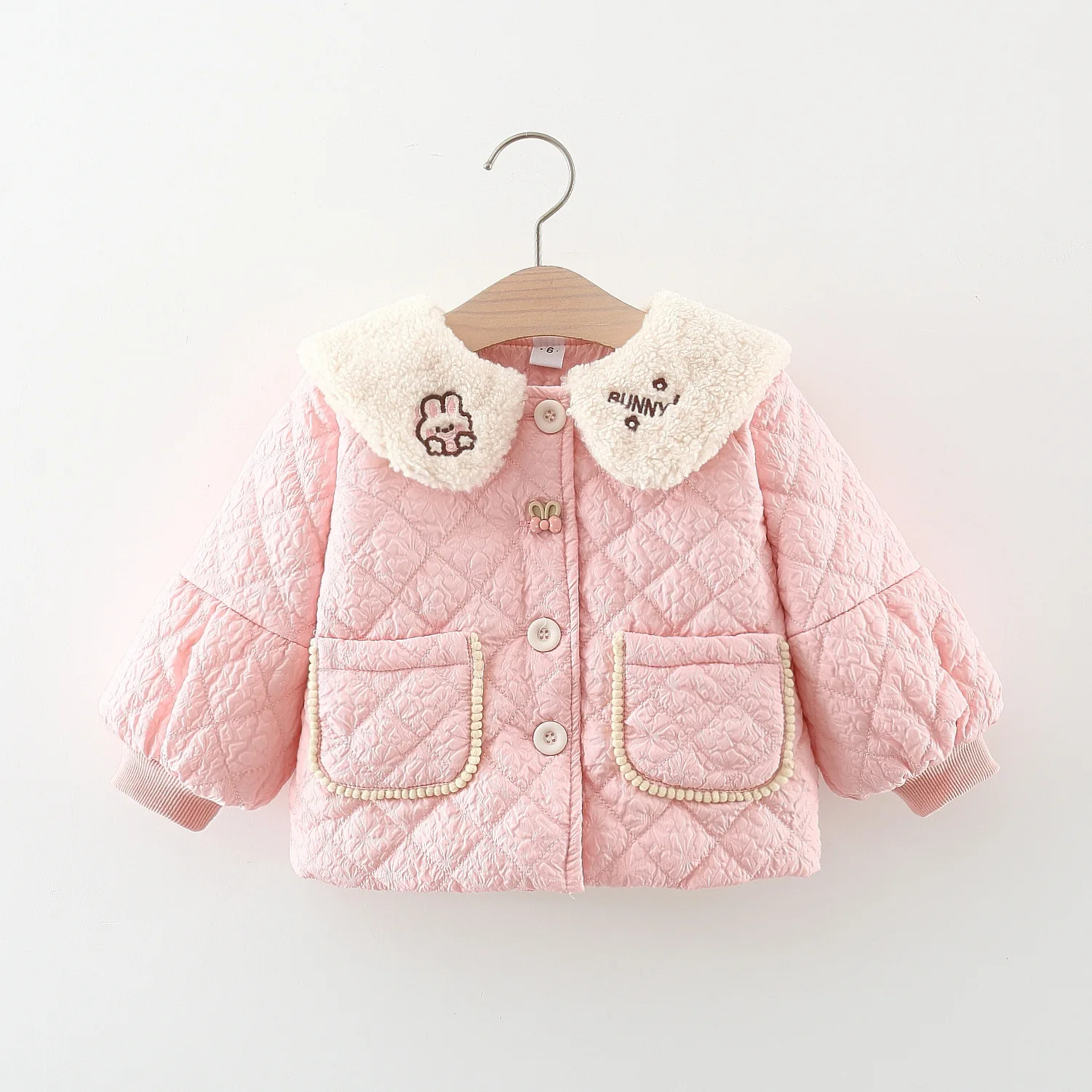 Winter baby girl top cotton jacket, girl’s fur lapel cartoon rabbit embroidery lantern sleeve cotton jacket