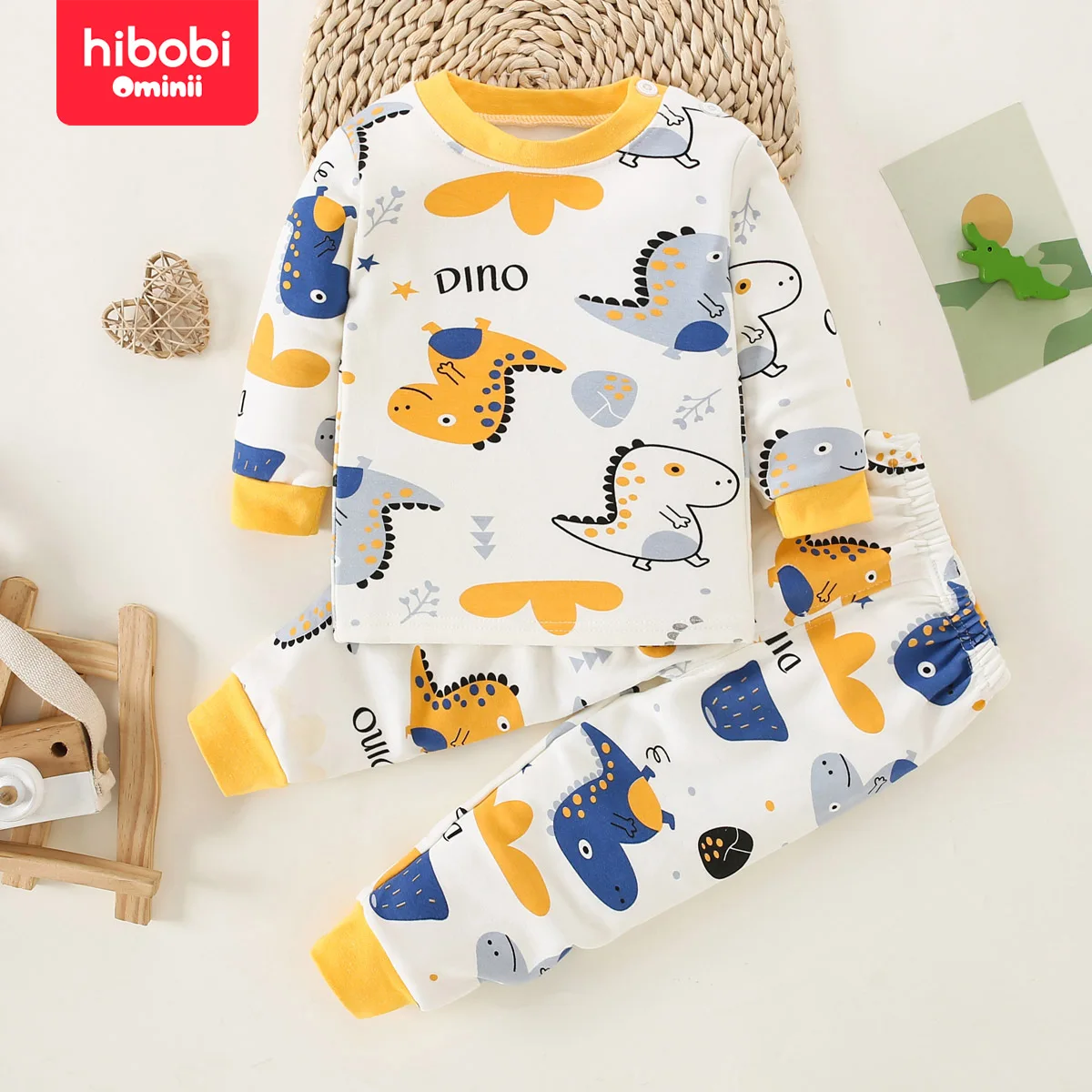hibobi 2-Piece Baby Home Clothes Children’s Long-Sleeved Cotton Pajamas And Pajama Pants Set Cartoon Cute Little Dinosaur Print