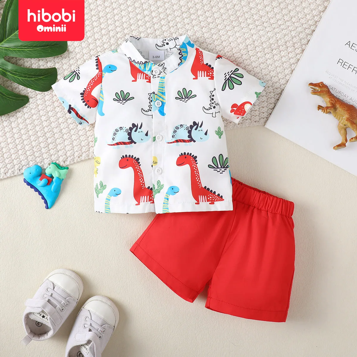 hibobi Summer 2-Piece Baby Boy Allover Dinosaur Printed Short Sleeve Shirt & Solid Color Shorts Suitable For 3-18 Months