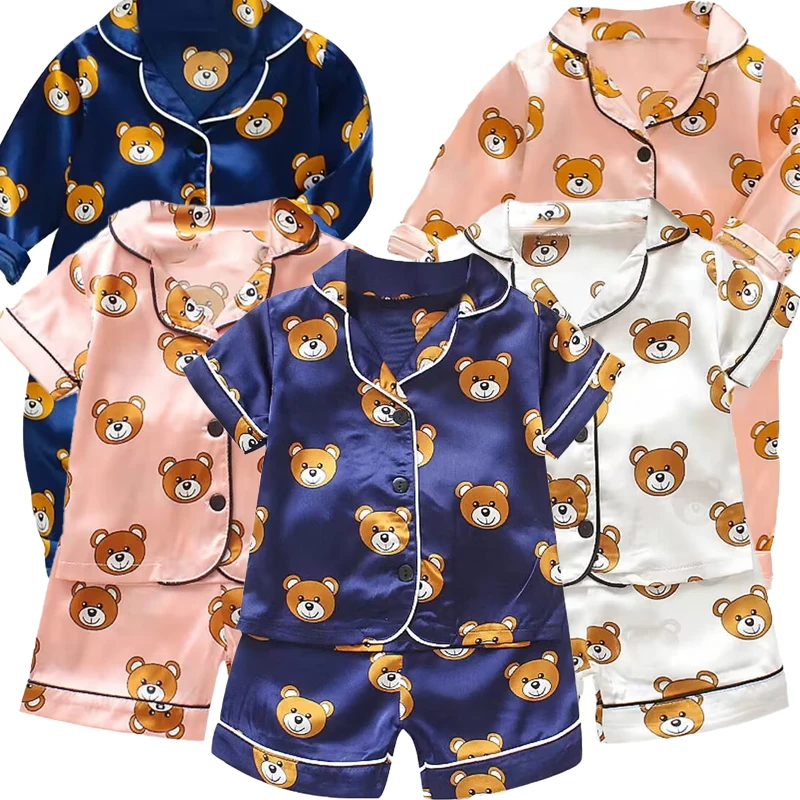 summer new cartoon suit boys’ and girls’ casual pajamas suit baby silk ice short sleeve shorts housewear suit