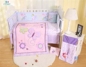 100% Cotton Baby Bed Bumpers Breathable Purple Butterfly Embroidery Baby Girls Bed Sheet Quilt Bed Skirt Baby Crib Bedding Sets