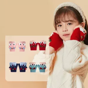 1Pair Children Winter Gloves Christmas Cute Cartoon Elk Flip Half-Finger Mittens For Kids Warm Plush Lined Fingerless Gloves