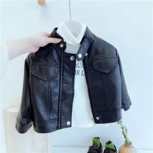 2023 Baby Spring Clothingr Leather Jacket Coat Casual Leather Jacket For Children Thick Paragraph