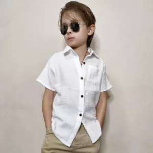 2024 Summer School Clothes Linen Cotton White Shirts Boys Girls Children's T-Shirt Short Sleeve Top Tee Kids Blusa 90-140 Height
