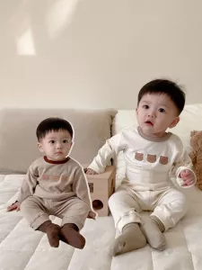 Autumn And Winter Newborn Baby High Waist Belly Pants And Bear Base Shirt Cartoon Printed Home Wear Set Soft Kawaii Two Piece