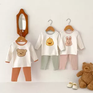Autumn Baby Pajamas Suit Three Color Cartoon Animals Top + Solid Color Pants Baby Clothes 1-3 Years Old