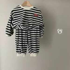 Autumn Winter Kid Striped Plus Velvet Tops+Pants 2ps Boy Children Fleece Casual Sweatshirt Set Girl Baby Thick Warm Clothes Suit