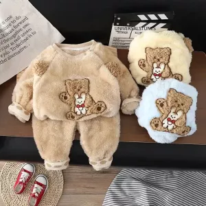 Autumn/winter Fleece-lined Cartoon Homewear Set For Boys Baby Warm Sleepwear Long Sleeve Suit