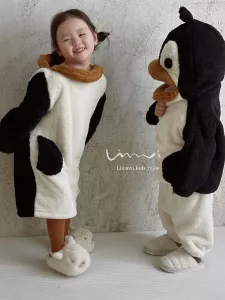 Baby Boy Girl Cartoon Cute Penguin Fleece Pajamas Set Warm Infant Toddler Child Winter Hoodie Kid Home Outfit Baby Clothes 1-12Y