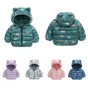 Baby Boys Girls Down Coats Long Sleeve Cartoon Dinosaur Print Jackets 1-5Yrs Kids Hooded Zipper Outerwear Spring Autumn