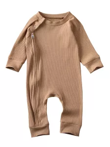 Baby Girls Boys Autumn Ribbed Romper Long Sleeve Crewneck Solid Color Zipper Jumpsuit