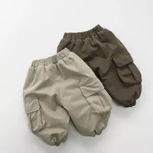 Boys Fleece Cargo Pants Winter New Girls Solid Casual Pants Children Pocket Loose Trousers Plus Velvet Thick Kids Warm Clothes