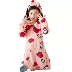 Children's Autumn Winter Flannel Pajamas Baby Girls Cartoon Lapels Long-sleeved Nightgown Girls Thickened Long Home Clothes
