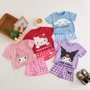 Children's Pajamas Set Hello Kitty Sanrio Anime Kuromi New Kawaii Baby Girl Summer Comfortable Short-Sleeved Plaid Clothing Gift