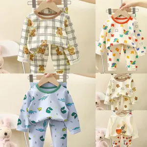 Children's Spring Underwear Two-Piece Suit New Long-Sleeved Cartoon Boys and Girls Comfortable Pajamas Baby Plaid Homewear