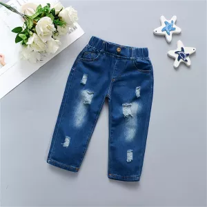 Children's jeans children's clothing spring and autumn seasons versatile girls straight leg perforated casual boys' pants