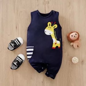 Cute blue Giraffe Embroidered printing Baby romper Toddler's Comfy Cotton Summer sleeveless One-Piece baby pajamas 0-12 months