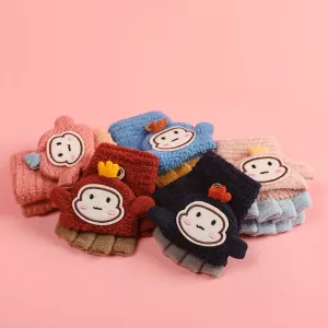 Half Finger Knitted Gloves Toddler Infant Flip Top Cartoon Gloves Kids Baby Boys Girls Winter Warm Knit Fingerless Mittens