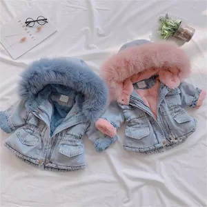 Kids Baby Girl Denim Jackets Hooded Plus Velvet Infant Parkas Outerwear Thicken Warm Girl Winter Clothes