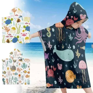 Kids Hooded Beach Towel Ocean Style Children Microfiber Hooded Bath Towel Cartoon Bathing Washcloth Baby Bathrobe Towel