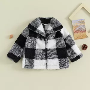 Kids Toddler Plush Jacket Unisex Plaid Print Long Sleeve Button Cardigan Winter Coat for Infant Baby Spring Fall Outwear