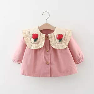 New Autumn Children's Wear Girl's Korean Edition Windbreaker 3D Flower Doll Neck Button Loose Cute Coat