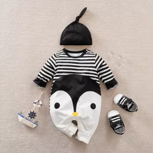 Newborn Clothes Cute Cartoon Penguin Print Comfortable And Soft Spring And Autumn Long Sleeved 0-18m Baby Jumpsuit+Hat