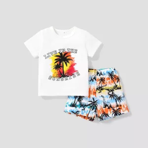 PatPat 2pcs Baby Boy Letters Print Short-sleeve Tee and Allover Dinosaur Print Shorts Set Suitable for Summer Season