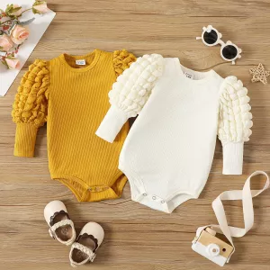 PatPat Baby Girl Solid Ribbed Spliced Gigot Sleeve Romper Solid color Suitable for Autumn Season Casual/Outdoor Sweet
