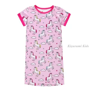 Pink Girl Kids Girls Night Dress Summer Nightgown Girl Unicorn Pajamas Dress T-Shirt Long Sleepwear Nighty for Children Pyjamas