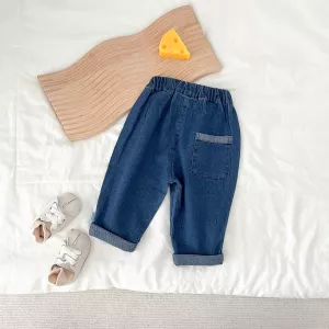 Spring And Autumn Newborn Baby Boys And Girl Denim Trousers Korean Fashion Sports Travel Elastic Waist Simple Ribbed Soft Casual