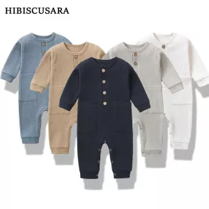 Spring Autumn Newborn Baby Romper Cotton Solid Soft Infant Jumpsuit With Pocket Girl Boy Long Sleeve Bebe Pajamas Wodden Buttons