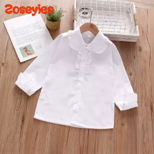 Spring Baby Girl's White Shirt Solid Pocket Decorative Polo Long Sleeve Top Bottom Shirt