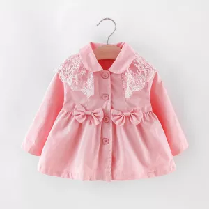 Spring and Autumn Children's Coat Girl's Two Bow Tied Lace Lapel Solid Color Long sleeved Single breasted Windbreaker