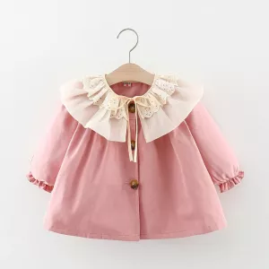 Spring and autumn baby girl windbreaker jacket girl lace lapel single breasted solid color windbreaker jacket