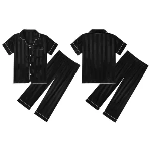 Summer Boy Girl Two Piece Pajama Striped Mock Silk Cool Short Sleeve Sleepwear Kids Teenagers Single Breasted Pyjamas Nightshirt