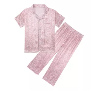 Summer Girl Sleepwear Solid Faux Silk Leopard Print Pajama Suit Kids Sweet Skin-Friendly Two-Piece Pyjamas Child Nightwear 6-12Y