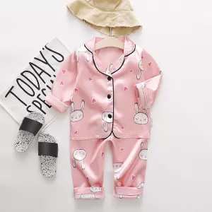 Toddler Kids Baby Boys Girls Satin Cartoon Button Down Shirt Tops + Long Pants Silk Pajamas Sleepwear Outfits Fleece Sleepers