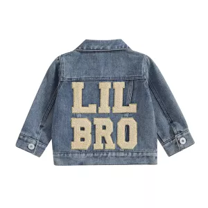 Toddler Newborn Baby Boy Denim Jacket Embroidery Lil Big Bro Button Down Jeans Coat Outerwear Brother Matching Clothes
