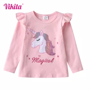 VIKITA Kids Flare Sleeve T Shirts Girls Licorne Cartoon Tops and Tees Kids Cotton Casual Long Sleeve Autumn Spring T Shirts
